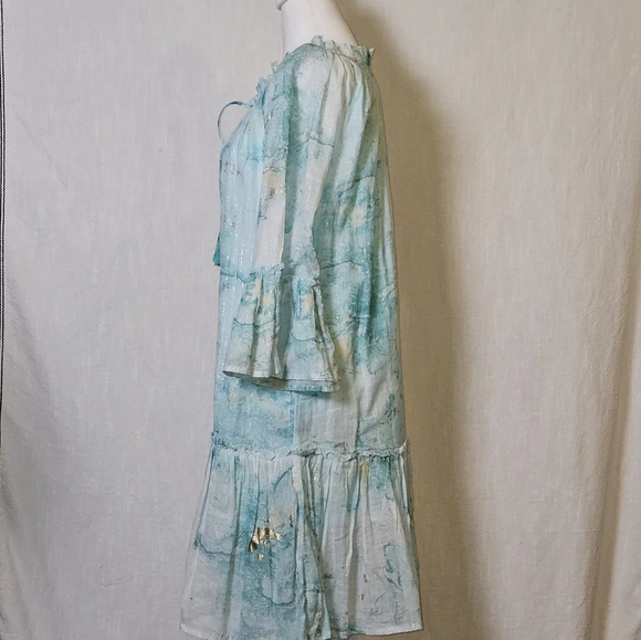 Debbie Katz Nalai Tunic Aqua Metallic Block Print Midi Dress Sz M Cottagecore - Picture 7 of 16